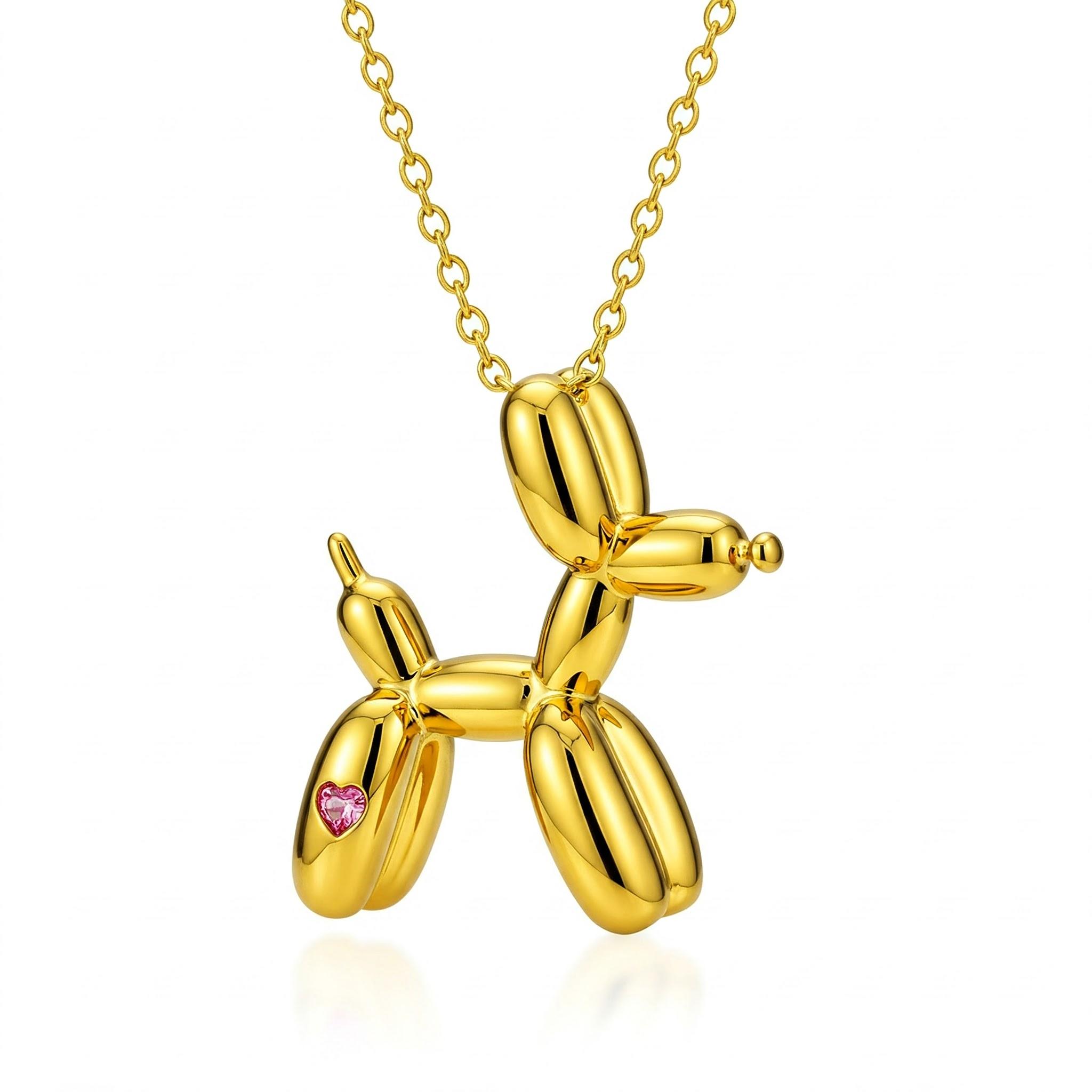 Stainless Steel Balloon Dog Pendant Necklace with Pink Cubic Zirconia and Adjustable Chain